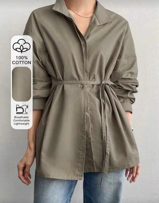 Dazy-Less Loose Business Casual Long Sleeve Shirt For Women, With Drawstring Waist Design, Suitable For Office, Commuting, Spring/Summer/Autumn