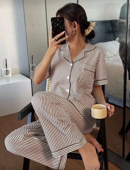 SHEIN Striped Collar Short Sleeve Pajama Set Curve Pajamas Set Women Pajama Dress Sleep Wear Women Summer Coffee Pajamas Pajamas Set For Woman
