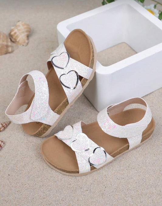 Girls' Summer Sandals, Soft Sole Anti-Slip, Rhinestone Heart Design, Sweet Casual Beach Shoes, New Style