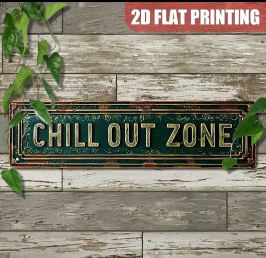 Vintage Novelty 15.7" X 3.9" Metal 'CHILL OUT ZONE' Sign - Unique Wall Hanging Decor For Home, Room, Bathroom, Bar, Cafe, Garage, Farmhouse, Porch, Outdoor Spaces - Durable, Weather-Resistant, Multipurpose English Language Yard Sign With Retro Aesthetic