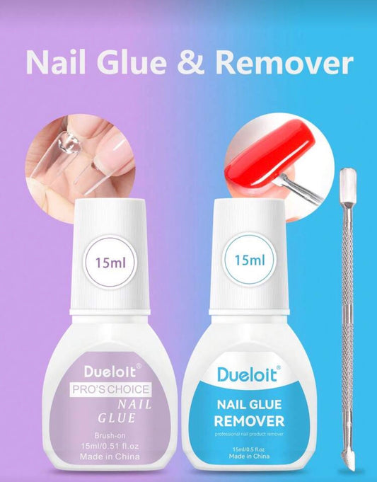 2pcs 15ml Nail Glue And Remover Kit,Nail Glue Set With 15ml Super Strong Nail Glue For Acrylic Press On Nails, 15ML Nail Glue Quick Remover With Cuticle Pusher,Random