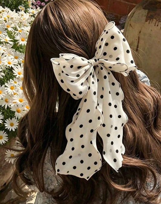 1pc Women's Extra Large Black & White Polka Dot Pattern Silky Satin 25cm/9.84in Bow Scrunchie Hair Clip, Fashionable Versatile Elegant Minimalist Style Solid Color Hair Accessory Suitable For Daily Outing, Casual, Party, Commute, Vacation, Washing Face, M