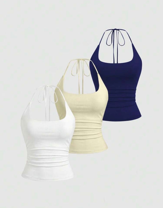 Sweetra Women's European And American Fashion Casual New Summer Slimming Halter Neck Elegant Backless Commuter Casual Fitness Versatile 3-Piece Set Top