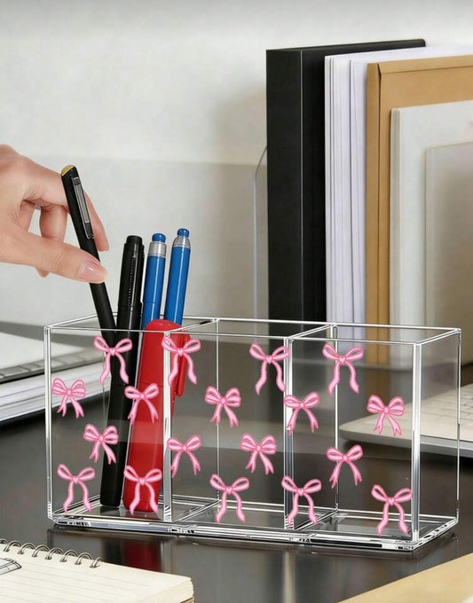 Bow Decor Pen Holder, Desktop Storage Box, Pen Cup And Compartments, Suitable For Student Supplies, Office, Dorm, Cosmetics, Skincare And Office Essentials, Gift For Women