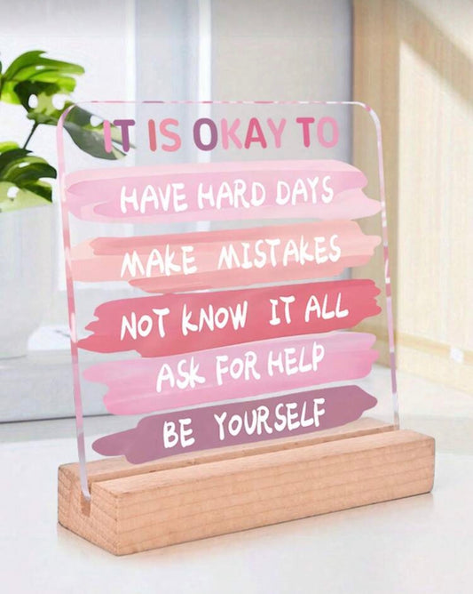 1pc "It's Okay" Acrylic Decor With Wooden Base - Transparent Standalone Slogan Plaque, Pink Brush Strokes, Suitable For Desk, Study Or Consultation Room | Home Decor, Teacher Gift, Encouragement, Motivation, Birthday, Christmas Gift