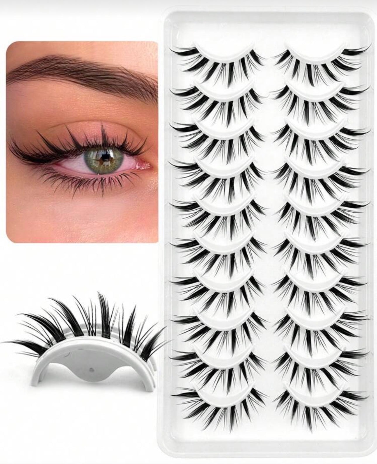 10 Pairs Asiteo Faux Eyelashes, Cluster False Lashes, Natural Makeup Effect, Lightweight Cartoon Cat Eye Lashes, Transparent Lash Stems, Short Anime Korean Style False Eyelashes
