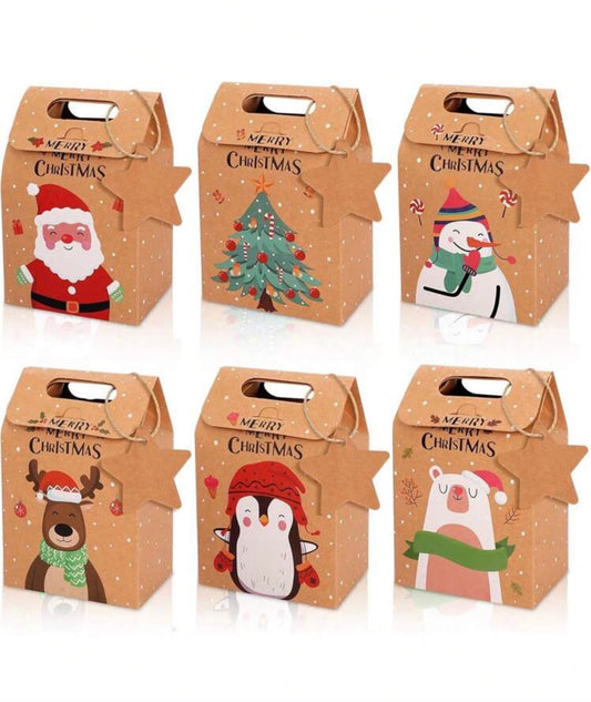 6 pcs Merry Christmas Candy Gift Box With Tag, Kraft Paper Cookies Gift Packing Bags For Xmas Party New Year Home Decoration,Christmas