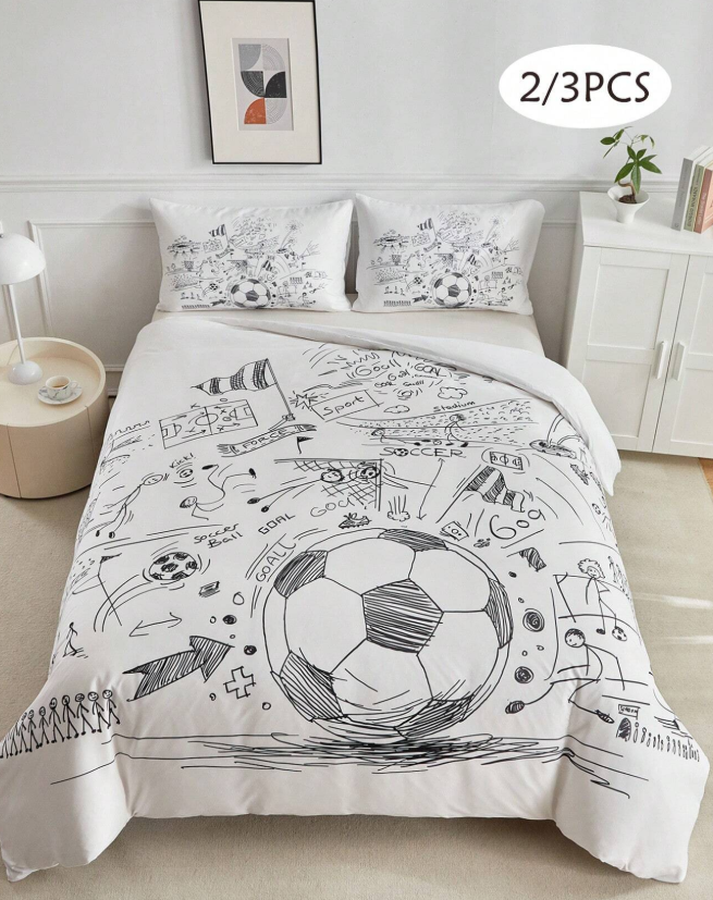 2/3 Piece Kids Bedding Set Football Graffiti Sports Print Modern Minimalist Style Suitable for All Seasons (1/2 Pillowcase + 1 Duvet Cover) Ideal for Valentine's Day