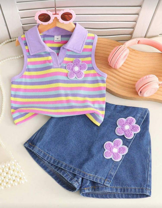 Genkimix Kids 2pcs/Set Young Girls' Summer Colorful Knit Fabric Collared Patchwork Floral Decor Vest Top + Denim Skort,Vintage Cute Retro Kids Clothing Outfits