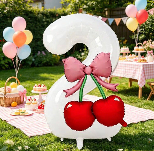 Cherry Decor Number Balloons 0-9, Cream White Number Foil Balloons With Cherry Stickers DIY, Suitable For Cherry Theme Birthday Party, Anniversary, Engagement, Wedding, Shower, Gender Reveal, Birthday Ceremony Room Decor, Photography Props