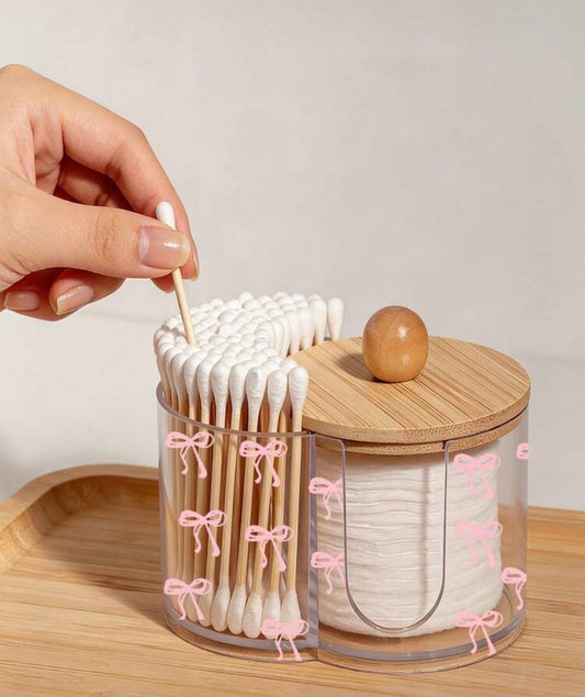 Mini Pink Bow Pattern 2-In-1 Bamboo Lid Plastic Storage Box, Desktop Cosmetic Organizer With Dual Round Holes, Suitable For Makeup Brushes, Makeup Tool Bag, Cosmetic Storage Box, Vanity Accessories, Makeup Bag, Women's Gift (Product Is Mini Size)