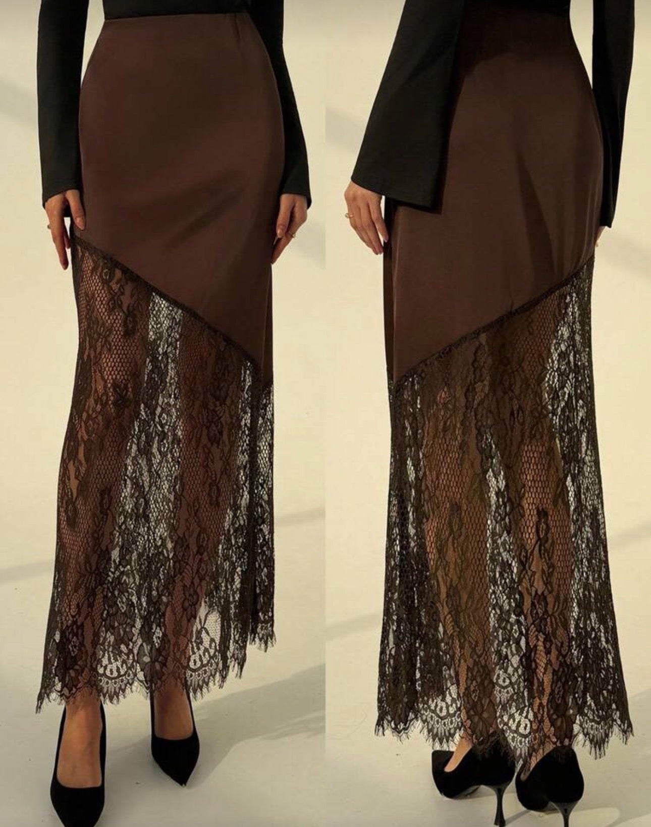 Aloruh Autumn/Winter New Romantic Date Brown Satin Contrast Lace A-Line Skirt, Valentine's Day For Women,Valentine For Women