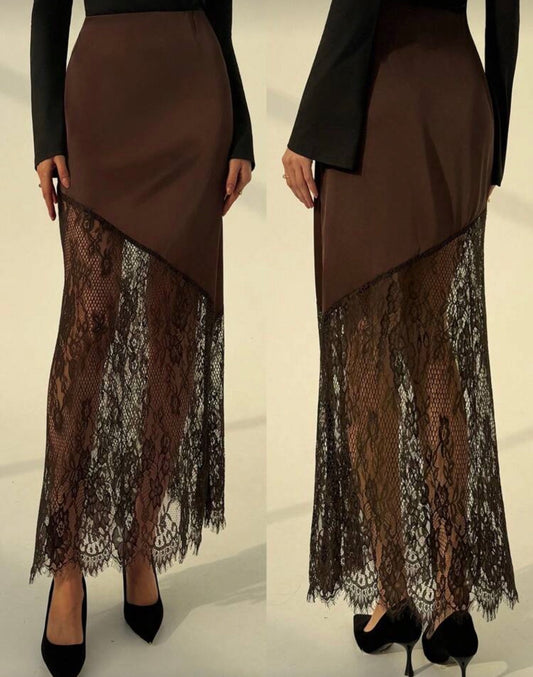 Aloruh Autumn/Winter New Romantic Date Brown Satin Contrast Lace A-Line Skirt, Valentine's Day For Women,Valentine For Women