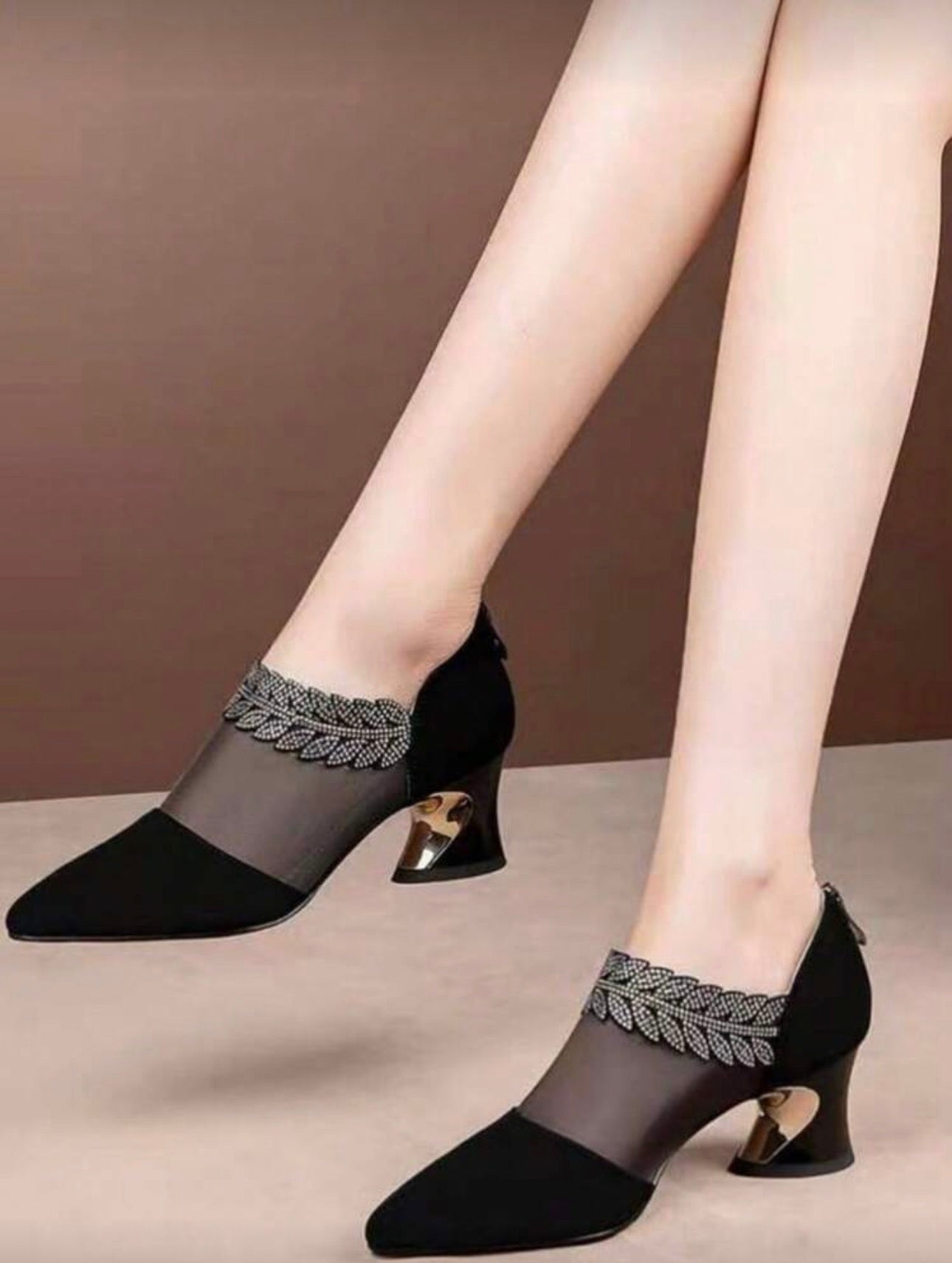 Women's Spring/Summer Fashion High Heel Pumps, Mesh Patchwork Breathable Slip-On Shoes, Rhinestone Decor Chunky Heel Dress Shoes