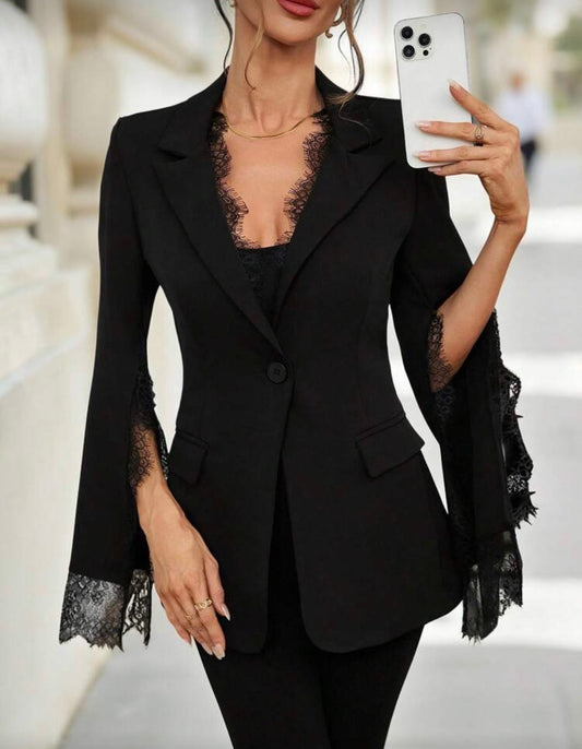 Editum Women's Elegant Lapel Collar Waist Fitted Lace Patchwork Split Sleeves Blazer Jacket,Black,Autumn,Office,Commute,Formal,Business,Party,Wedding,Y2k