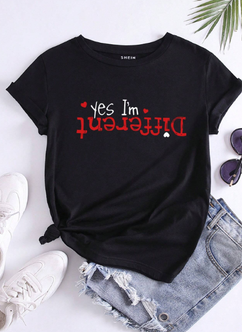 INAWLY Women's "Yes, I'm Different" Slogan Graphic Heart Print Short Sleeve T-Shirt