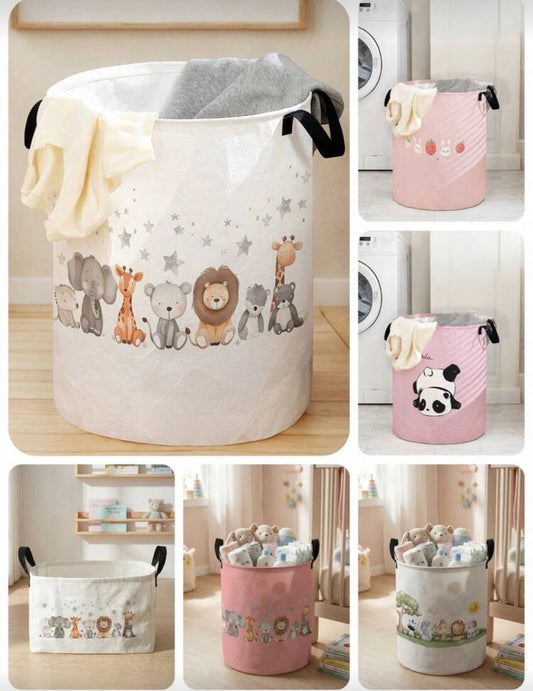 1pc Foldable Round Storage Basket With Handles, Cute Animal Pattern, Large Capacity Multi-Purpose Storage Bin For Nursery, Baby Diaper, Clothes, Toys And Accessories Organization