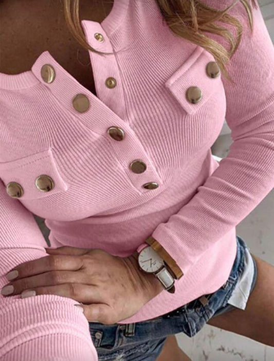 INAWLY Square Neck Half-Zip Long Sleeve Casual T-Shirt With Metal Buckle
