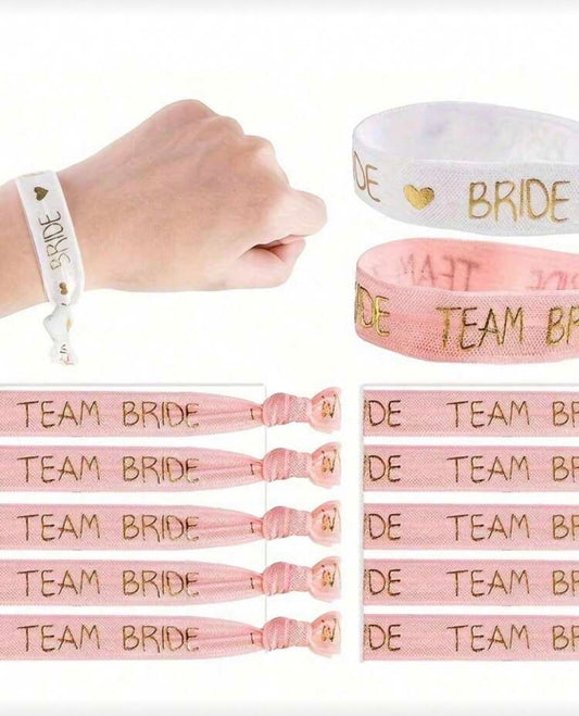 10pcs/Set Bachelorette Party Bride & Bridesmaid Champagne Gold Foil Elastic Wristbands, 1pc White "BRIDE" + 9pcs Pink "BRIDE", Decor Accessories, Wedding Bridal Shower Supplies