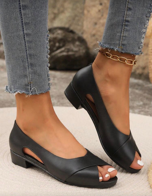 Fall/Winter Ladies' Slip-On Peep Toe Chunky Heel Sandals With Flat Sole, Suitable For Casual/Outdoor Wear