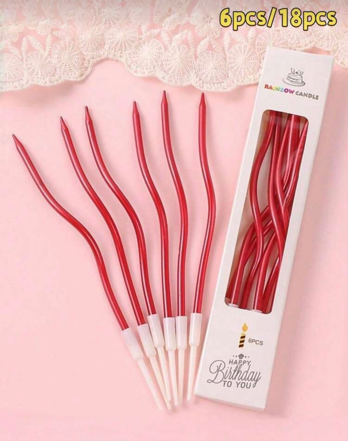6pcs  Curved Red Candles, Christmas Candles, Valentine's Day Candles, Birthday Candles, Birthday Cake Decorative Inserts, Birthday Cake Decorations, Cake Decorations, Baking Supplies, Baking Decorations