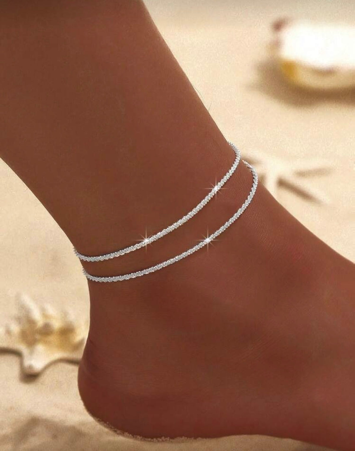 1pc Minimalist Charming Double-Chain Silver Anklet, Women's Fashion Shiny Beach Holiday Travel Jewelry Couples Anklet