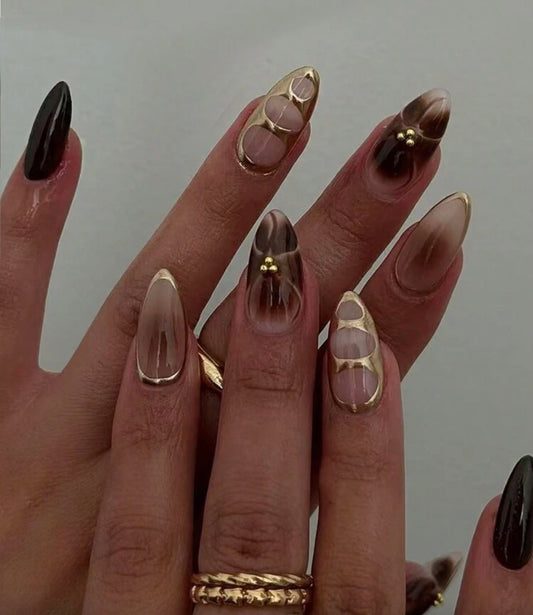 24 Pcs Of Long Almond-Shaped Press On Nails Gift Box Y2K Light Gold Magic Mirror Pink Stripes Small Steel Beads Brown Details Flower French Edge Atmosphere Gift, Versatile Portable Fake Nails With Jelly Glue One Piece Of Rubbing Strip 1 Piece Nail Supplie
