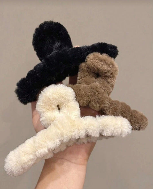 3pcs/Set Women's 4.33in(11cm) Plush Cute Black/White/Brown Large Hair Clips, Fashionable Versatile Accessories For Winter Outfit Matching Hair Claws Claw Clips Hair Jaw Clip Hair Clamps Hair Clutch Hair Catcher Clip, Autumn, School Stuff, College Fall Hai
