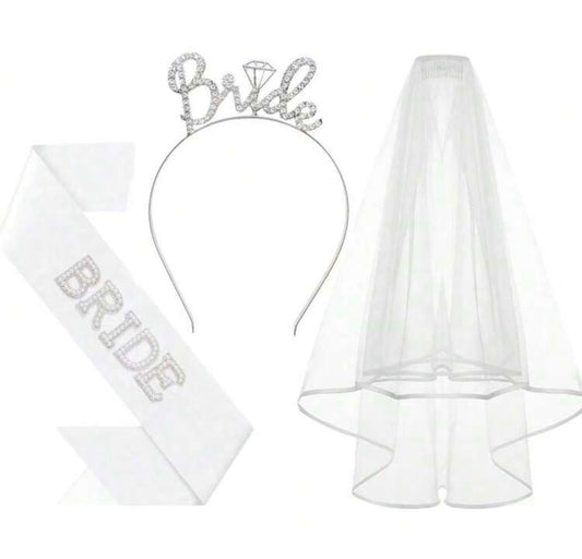 3 pcs Bride-To-Be Headband, Belt & Veil Set, Bachelorette Party Decoration, Bridal Shower Gift Accessories, Suitable For Bride-To-Be, Bride, Wedding, Bachelorette Party
