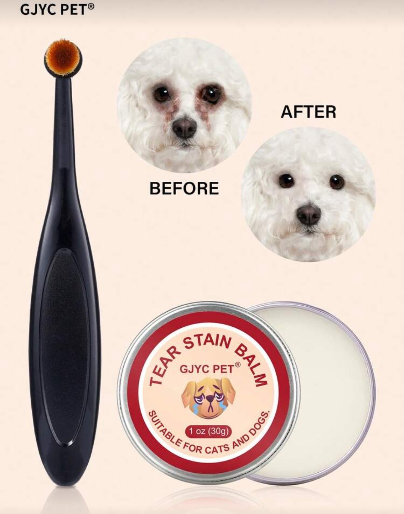 GJYC PET 1 Box Gentle Eye Care Ointment For Dogs And Cats With Professional Brush, Prevents Tear Stains, Reduces Redness, Brightens Light-Colored Fur, 1 Oz