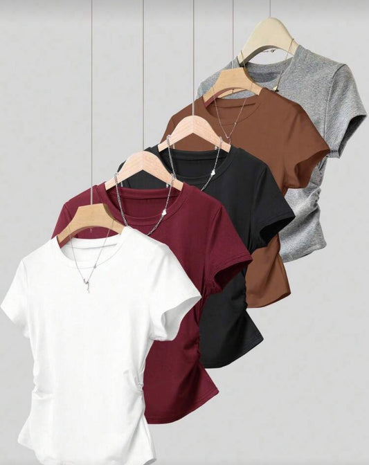 Resyla 5pcs/Set Women's Casual Waist Ruched Short Sleeve T-Shirts, Summer Design For Any Occasion,White And Brown,Burgundy,Black,Gray,Outdoor Wear