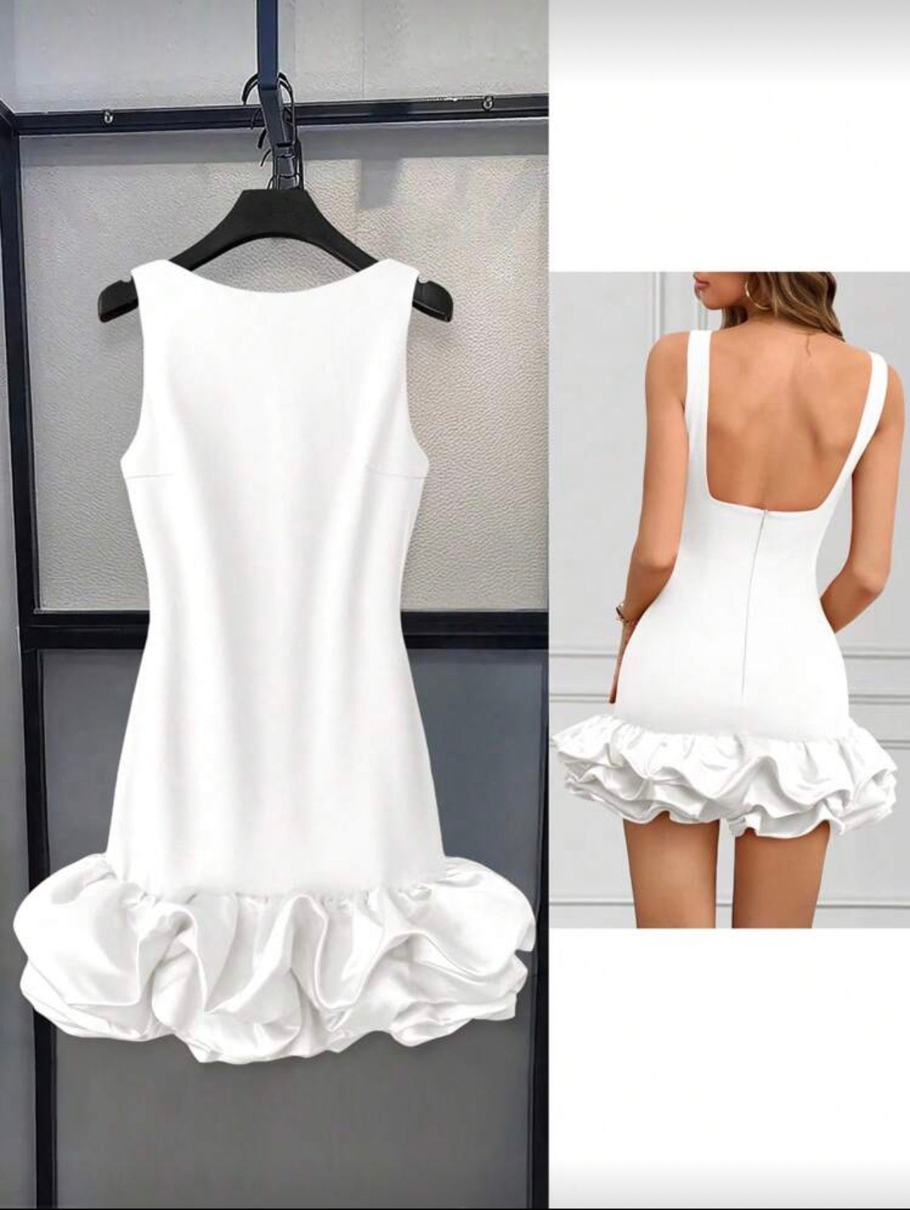 INAWLY Women's Solid Color Round Neck Sleeveless Ruffle Hem Elegant Short Dress