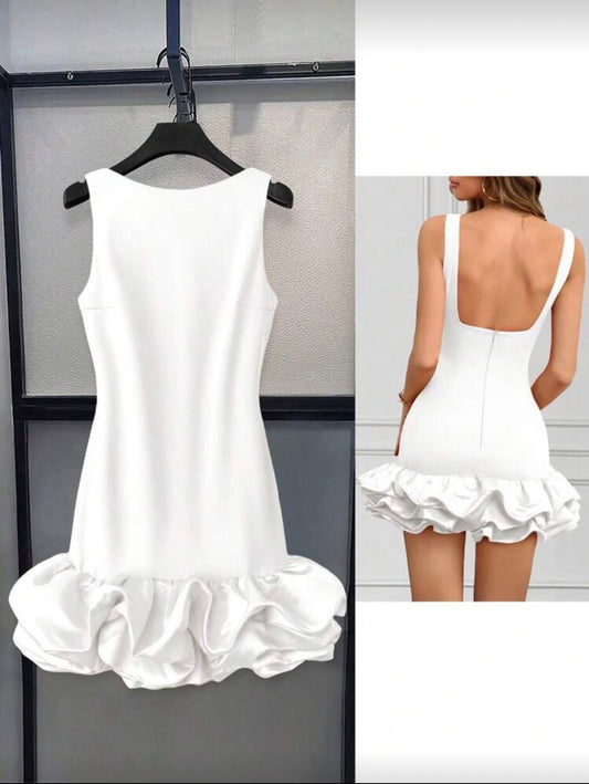 INAWLY Women's Solid Color Round Neck Sleeveless Ruffle Hem Elegant Short Dress