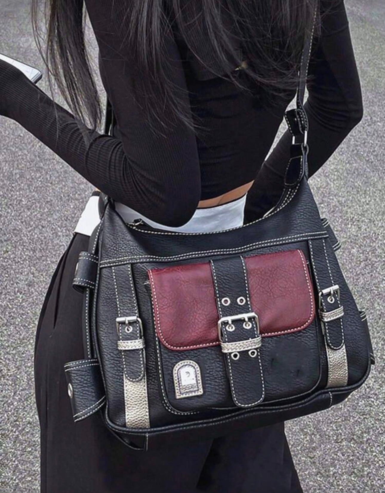 Yogodlns Large Capacity Textured Handbag, PU Leather Two-Tone Color Shoulder Bag, Women's Commuter Hobo Bag