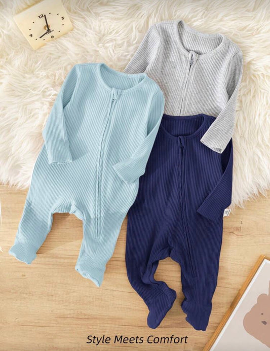 Newborn Baby Boy 3-Pack Minimalist Comfortable Long Sleeve Round Neck Zip Front Soft Knit Jumpsuit Sets
