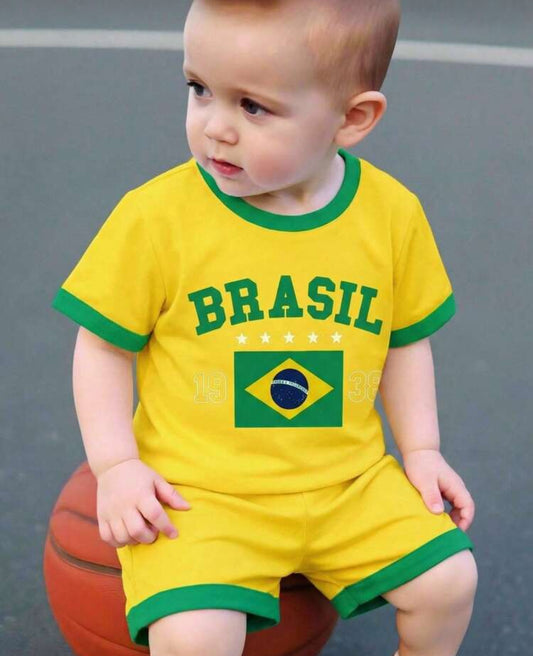 Bubblio 2pcs/Set Baby Boy/Girl Brazil Team Inspired Sports Jersey Outfit,Breathable Sweat-Wicking T-Shirt And Shorts,Pastel Yellow Summer Casual Beach Wear