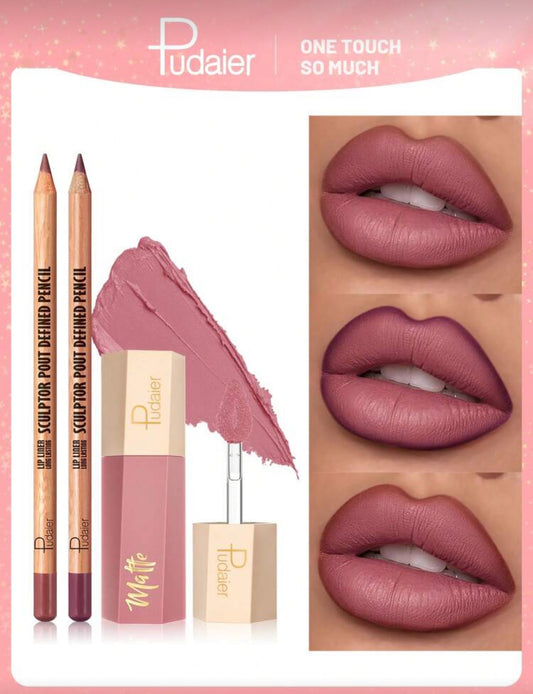 Pudaier 3pcs Matte Lip Liner And Lip Gloss Set - Lip Liner And Lip Mud Set, Long-Lasting Waterproof, Silky Smooth Velvet Texture, Nude And Plum Tones, Suitable For Daily And Holiday Makeup | Perfect Match, Create Flawless Lips, Non-Fading