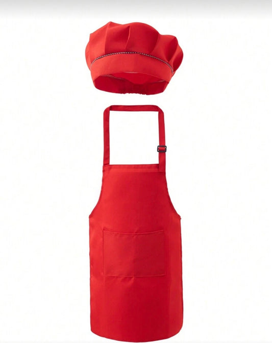 1 Set Children's Skin-Friendly Apron And Chef Hat, Pockets For Cooking, Baking, Drawing, Training, Adjustable Neck Strap, Elastic Hat, Ages 3-14