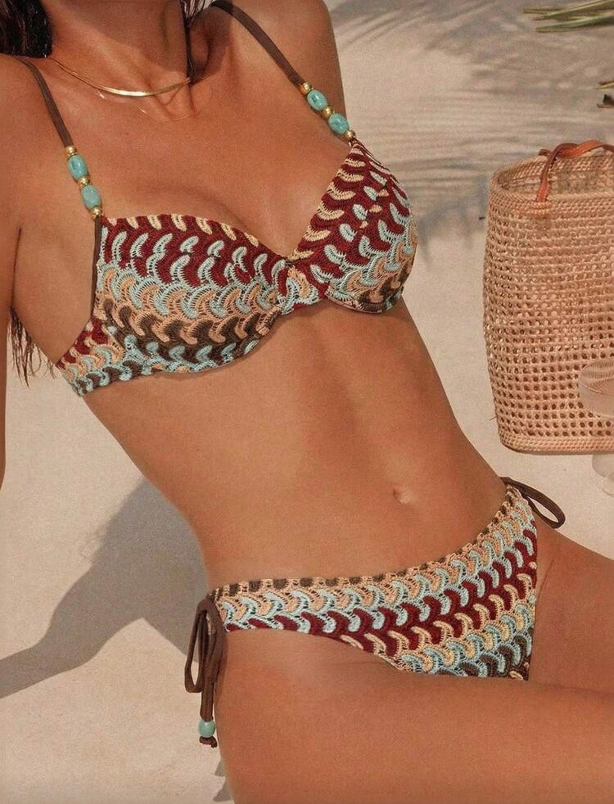 Swim Vcay Women's 2 Pieces Swimwear Set, Sexy Vacation Elegant Minimalist Halter Patchwork Beaded Color Random Ladies Beach Wear
