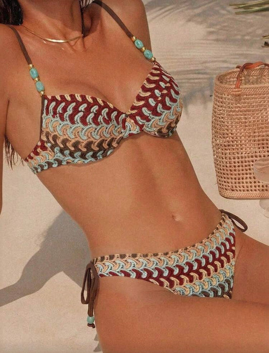 Swim Vcay Women's 2 Pieces Swimwear Set, Sexy Vacation Elegant Minimalist Halter Patchwork Beaded Color Random Ladies Beach Wear