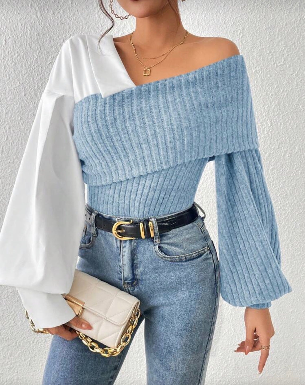 SHEIN Essnce Two Tone Foldover Asymmetrical Neck Lantern Sleeve Top