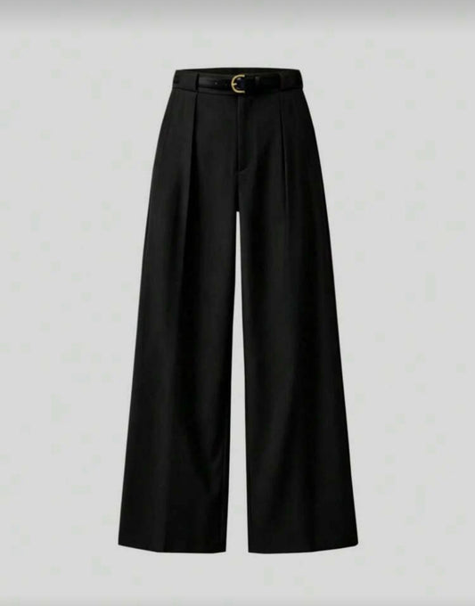 Mid-Waist Solid Color Elegant Straight Leg Pants With Belt Black Spring