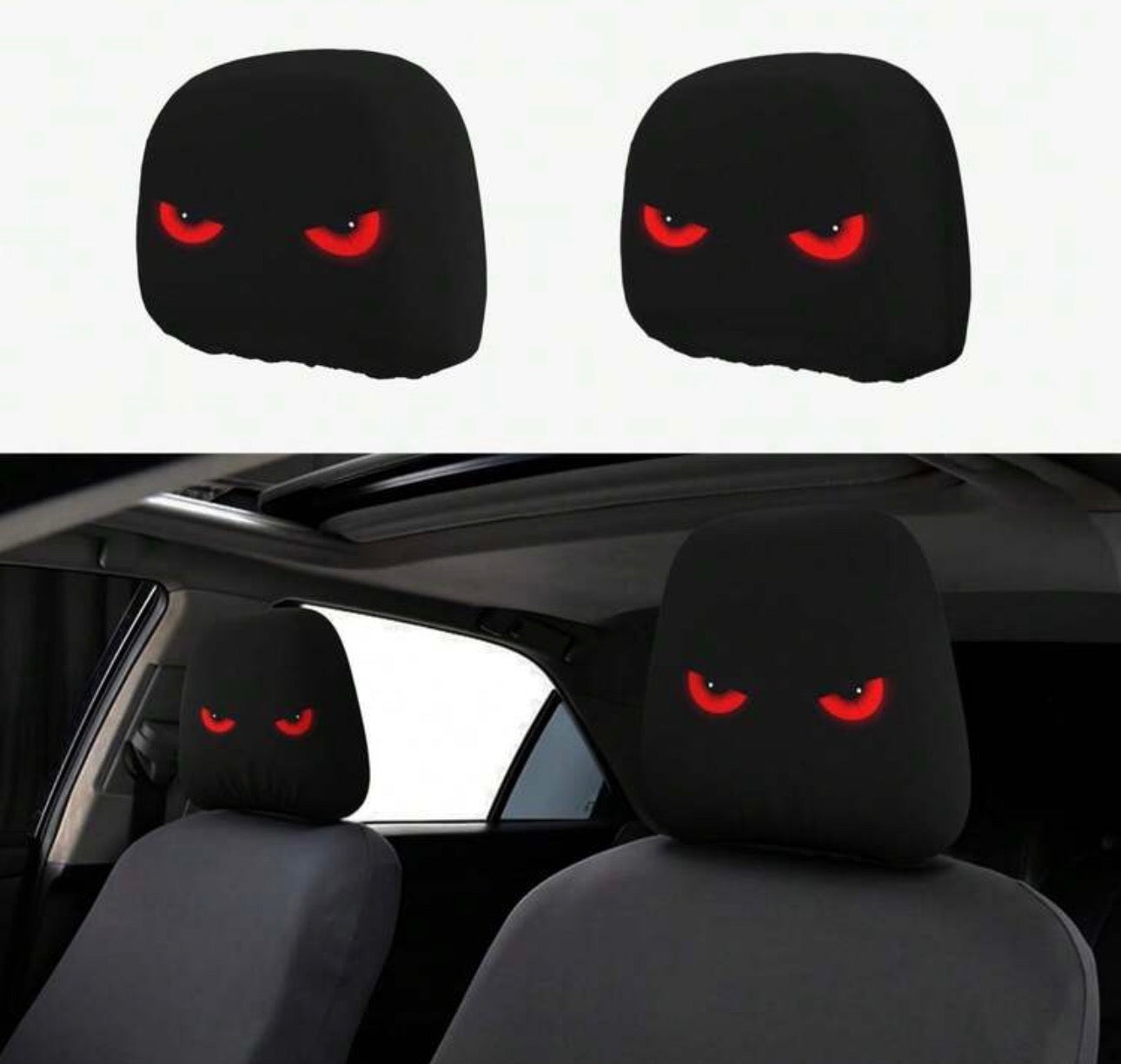 2pcs Red Eye Car Headrest Covers - New Design Fits All Vehicles, Easy Installation - Funny Car Interior Decor For Drivers & Passengers - Durable Fabric Headrest Protectors With Eye-Catching Print