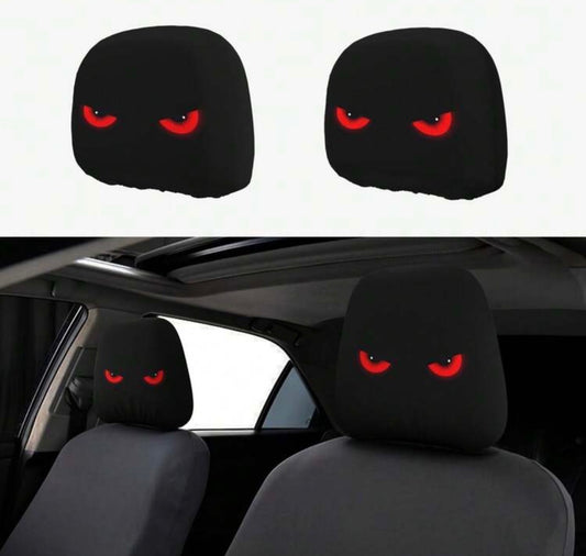 2pcs Red Eye Car Headrest Covers - New Design Fits All Vehicles, Easy Installation - Funny Car Interior Decor For Drivers & Passengers - Durable Fabric Headrest Protectors With Eye-Catching Print