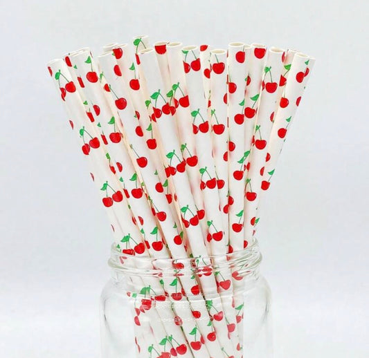 25 Cherry Pattern Paper Straws, Perfect For Various Parties Or Commercial Use, Size Is 6x197mm