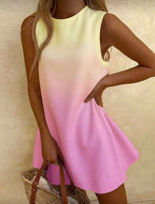 SHEIN EZwear Casual Minimalist Yellow & Pink Ombre Print Women Short Dress, Suitable For Summer Ombre Dress Suitable For Going Out Chic Dress