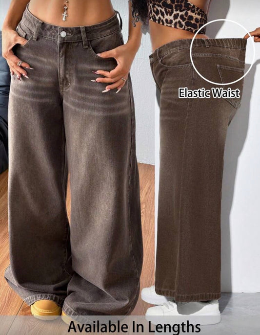 SHEIN PETITE CURVE Plus Size Women's Chocolate Brown Winter Baggy Jeans,Casual Everyday Washed Wide Leg Denim Pants,Y2k 2000s Style Grunge Modest Korean Old Money Style