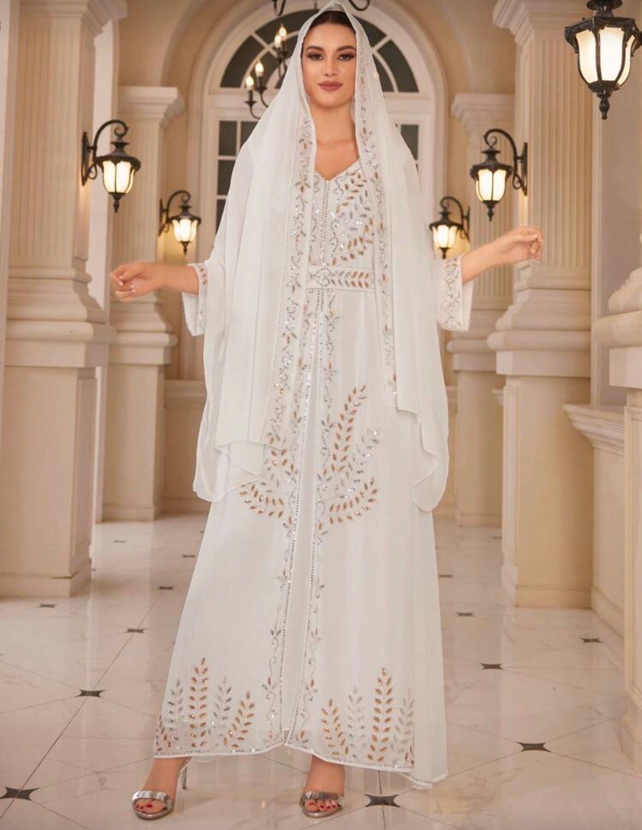 Women's Long Sleeve Elegant Sparkly Dress With Matching Headscarf Modest Kaftan Arabian Dress Spring White