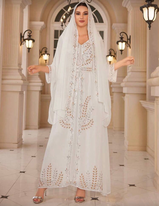 Women's Long Sleeve Elegant Sparkly Dress With Matching Headscarf Modest Kaftan Arabian Dress Spring White