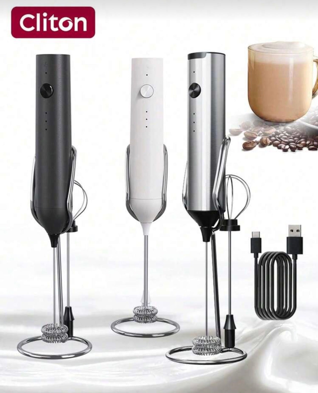 CLITON Rechargeable Handheld Milk Frother, 3-Speed Adjustable Electric Beverage Mixer, Portable Milk Foamer, Suitable For Latte, Cappuccino, Hot Chocolate, Egg Mixture And Protein Shake, Mini Electric Mixer, Home Coffee Bar, Kitchen Daily Use